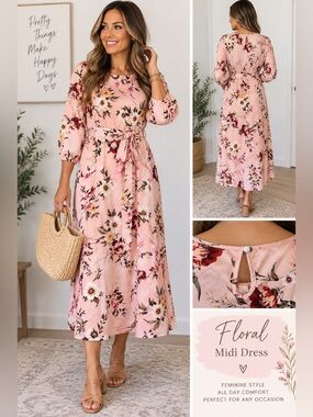 SHEIN Clasi Pink Floral Raglan Sleeve Belted Maxi Dress Size 1XL